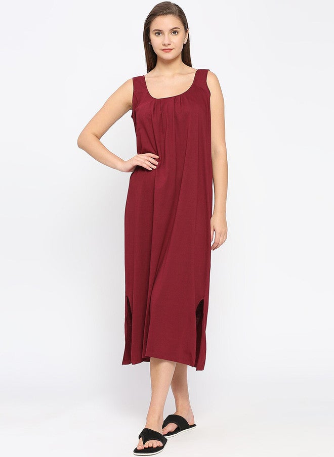 Red Rose RedRose Maroon Round Neck Cotton Full Slip Nighty - Image 1