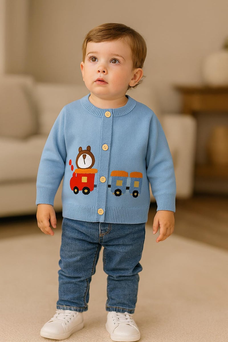 Bold N Elegant Knitted Car Cardigan Sweater for Infant Toddler Baby Boys n Girls | Warm Woolen Front Open Winter Sweater for Kids Infant Toddler Kids Blue - Image 4
