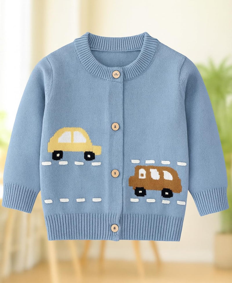 Bold N Elegant Knitted Car Cardigan Sweater for Infant Toddler Baby Boys n Girls | Warm Woolen Front Open Winter Sweater for Kids Infant Toddler Kids Blue - Image 2