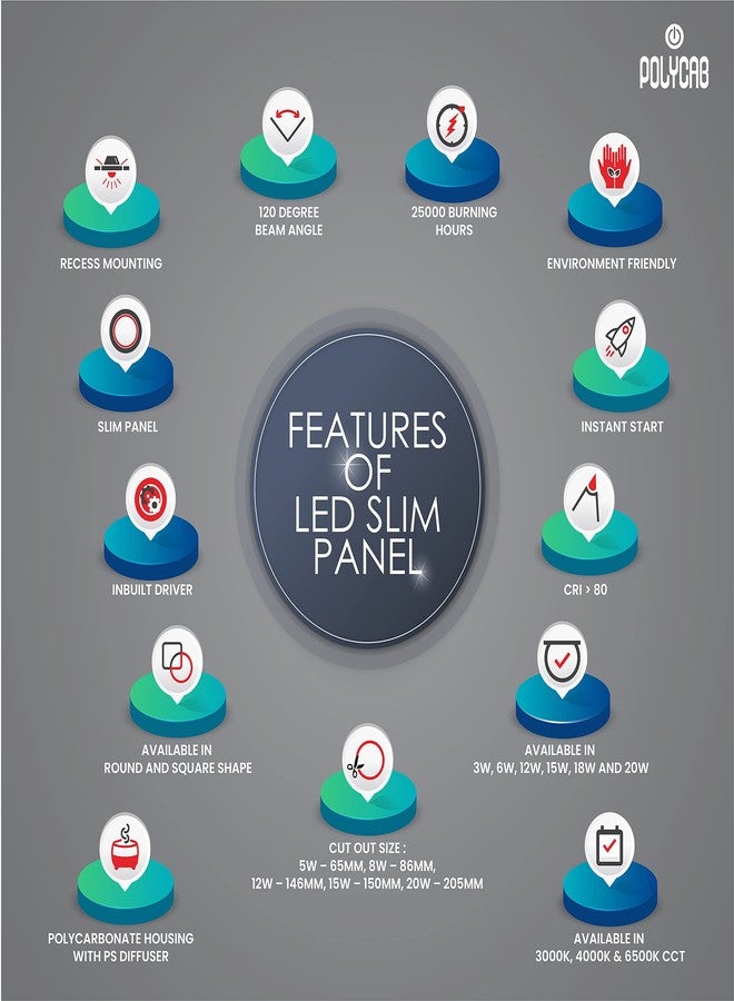 Polycab 6W LED Panel Light Scintillate Edge Slim Square Smart Offers Bright Lumination Long Lifespan No Harmful Radiation (Warm White, 3000K, 10 PCS, Cut Out: 3.93 inches) - Image 3