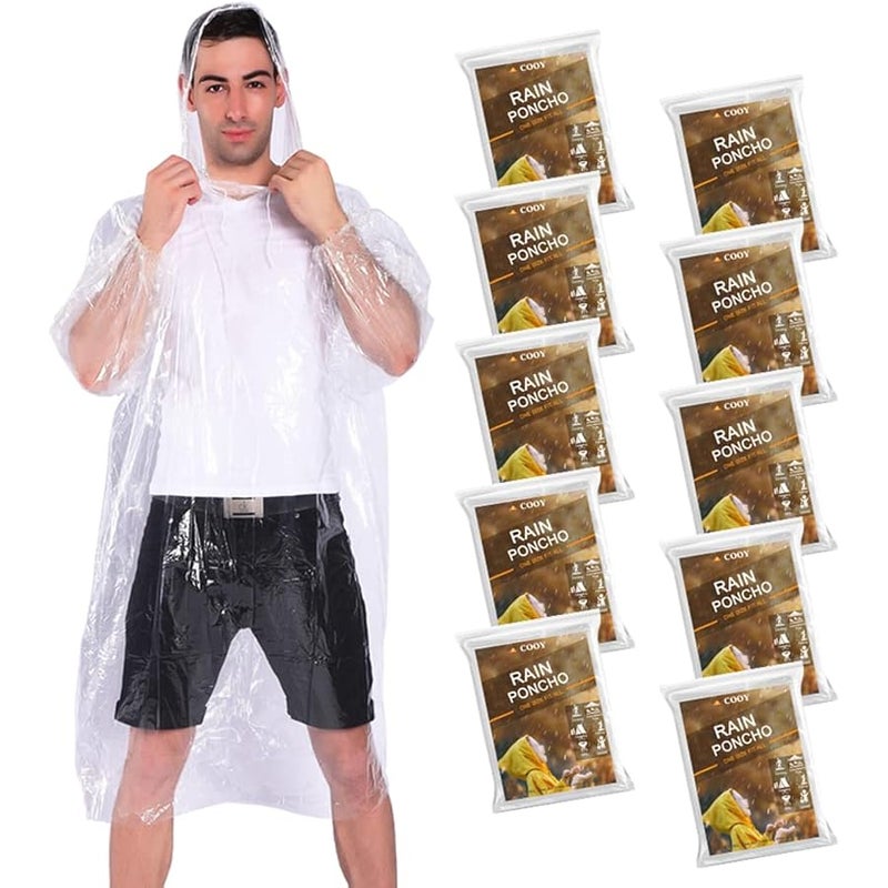COOY Rain Ponchos,with Drawstring Hood 10 Pack Emergency Disposable Rain Ponchos Family Pack for Adults,Clear - Image 1