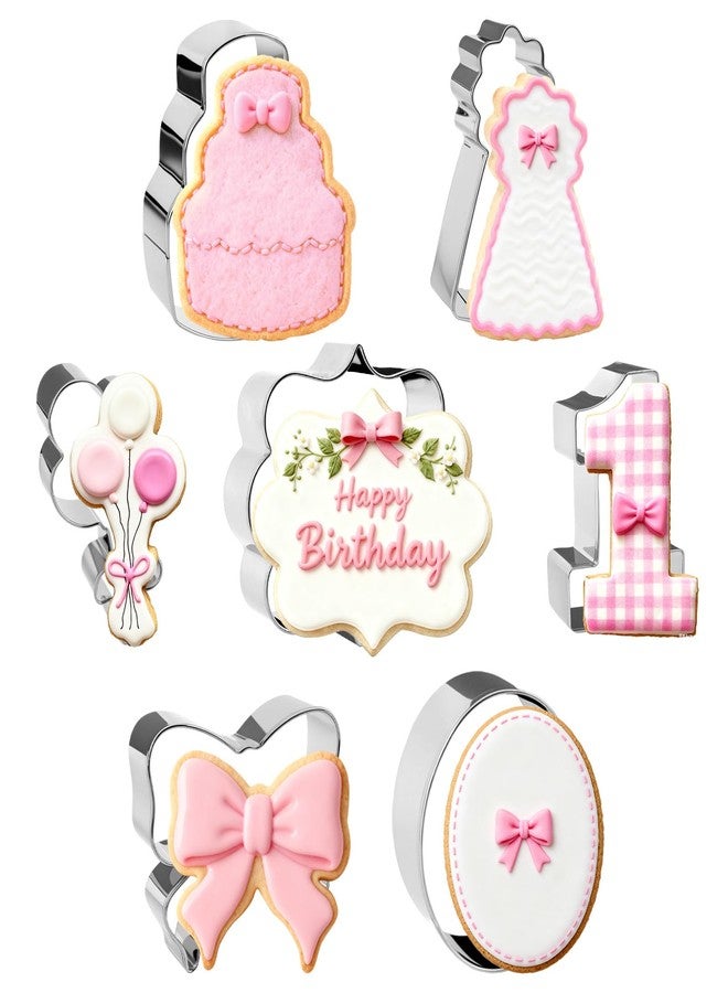 CORNER LACE 7 Pieces Bow Knot 1st Birthday Cookie Cutters Set - Stainless Steel Cookie Biscuit Cutting Molds for Number 1 Cake Birthday Hat Balloons One Year Old Party DIY Craft Home Baking Supplies - Image 1