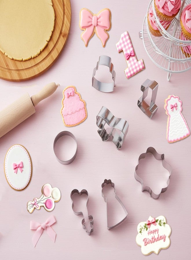 CORNER LACE 7 Pieces Bow Knot 1st Birthday Cookie Cutters Set - Stainless Steel Cookie Biscuit Cutting Molds for Number 1 Cake Birthday Hat Balloons One Year Old Party DIY Craft Home Baking Supplies - Image 2