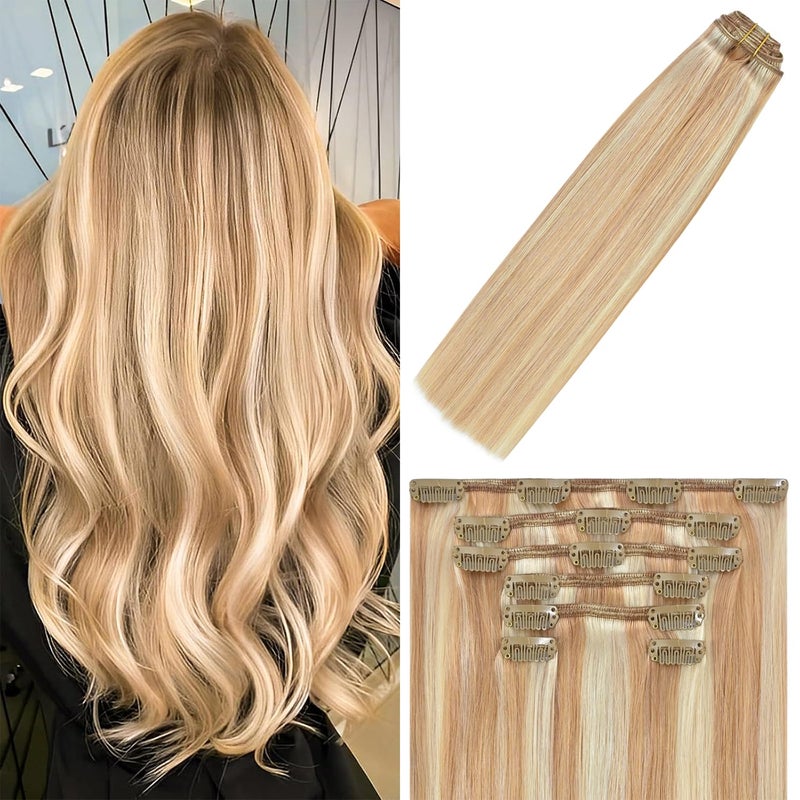 WindTouch Clip in Hair Extensions Human Hair Balayage Reddish Brown to Blonde Highlights for Blonde 75g 22Inch 7PCS 12P613
