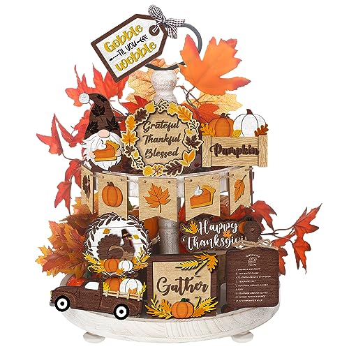 BBTO Set of 15 Thanksgiving Fall Tiered Tray Decor Pumpkins Farmhouse Decor Autumn Maple Leaf Table Centerpieces Harvest Wood Blocks Signs for HomeElegant Style - Image 1