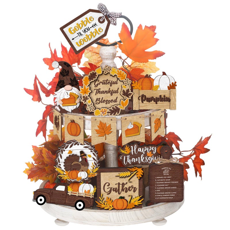 BBTO Set of 15 Thanksgiving Fall Tiered Tray Decor Pumpkins Farmhouse Decor Autumn Maple Leaf Table Centerpieces Harvest Wood Blocks Signs for HomeElegant Style - Image 2