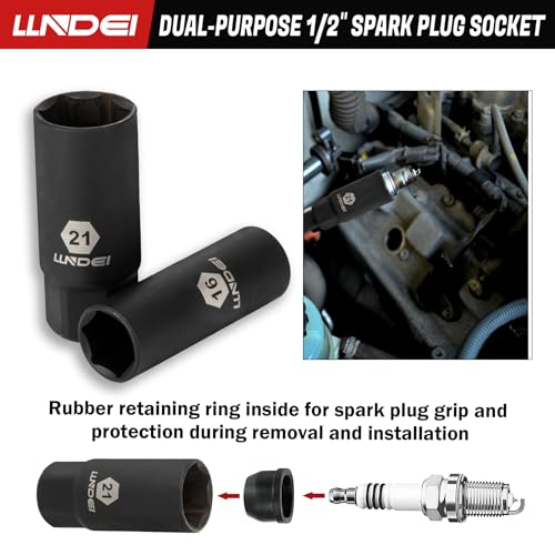 LLNDEI 1/2 inch Drive Deep Impact Socket Set, 37 Piece Standard SAE 3/8" to 1-1/4" | Metric 8 to 24mm, Includes Spark Plug Socket (16, 21mm), CR-MO Universal Joint, Extension Bars and Adapter - Image 5