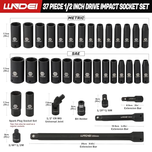 LLNDEI 1/2 inch Drive Deep Impact Socket Set, 37 Piece Standard SAE 3/8" to 1-1/4" | Metric 8 to 24mm, Includes Spark Plug Socket (16, 21mm), CR-MO Universal Joint, Extension Bars and Adapter - Image 2