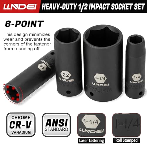 LLNDEI 1/2 inch Drive Deep Impact Socket Set, 37 Piece Standard SAE 3/8" to 1-1/4" | Metric 8 to 24mm, Includes Spark Plug Socket (16, 21mm), CR-MO Universal Joint, Extension Bars and Adapter - Image 3
