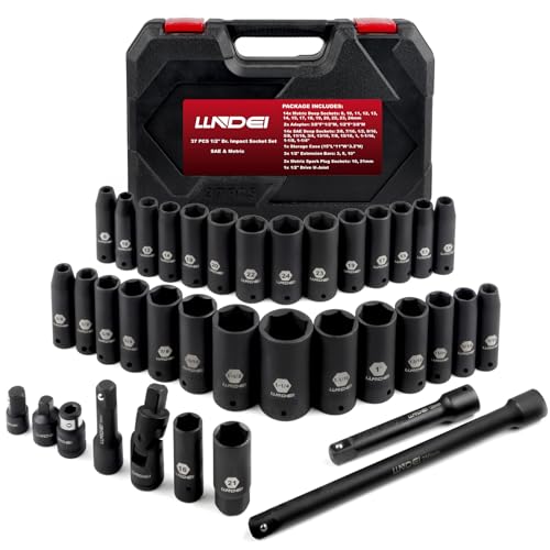 LLNDEI 1/2 inch Drive Deep Impact Socket Set, 37 Piece Standard SAE 3/8" to 1-1/4" | Metric 8 to 24mm, Includes Spark Plug Socket (16, 21mm), CR-MO Universal Joint, Extension Bars and Adapter - Image 1