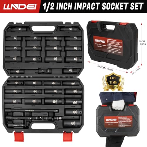 LLNDEI 1/2 inch Drive Deep Impact Socket Set, 37 Piece Standard SAE 3/8" to 1-1/4" | Metric 8 to 24mm, Includes Spark Plug Socket (16, 21mm), CR-MO Universal Joint, Extension Bars and Adapter - Image 4