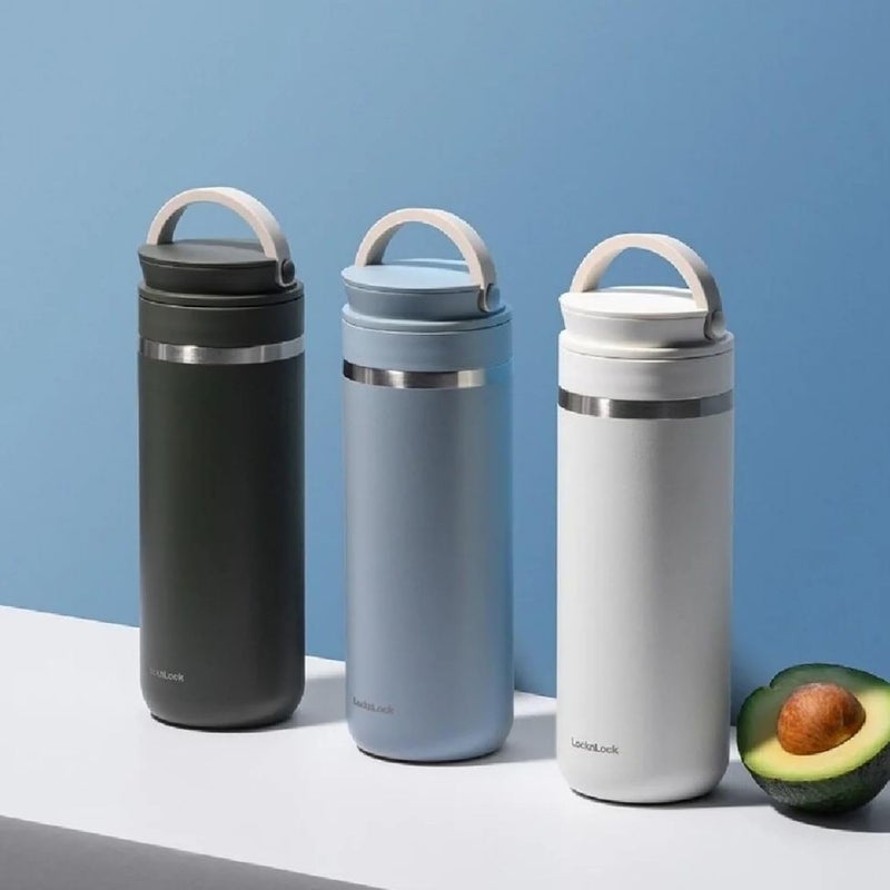 LocknLock Stainless Steel Drinking Bottle, Tumbler Leak-Proof, BPA-Free Thermos Flask, 13h Hot & 40h Cold, Thermal Mug with Handle, Mobile Coffee Mug with Lid, Drinking Cup (Khaki, 475 ml) - Image 1