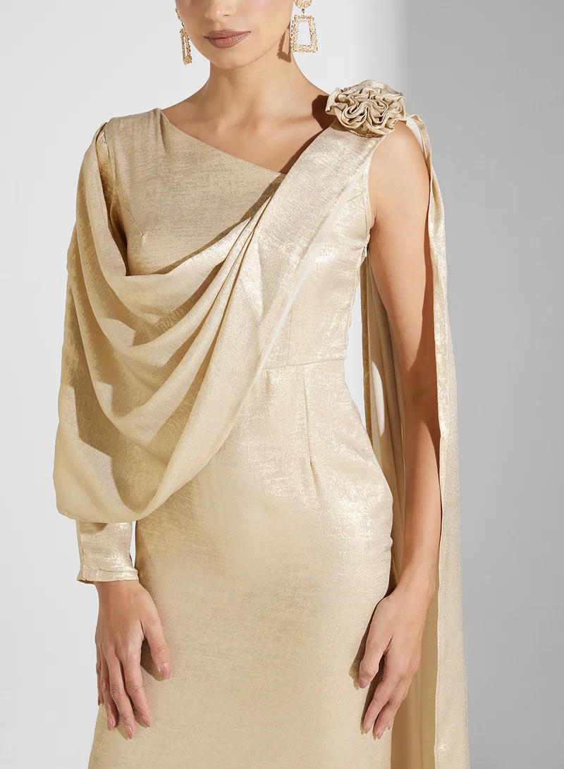 Golden Apple Draped Metallic Gown Dress