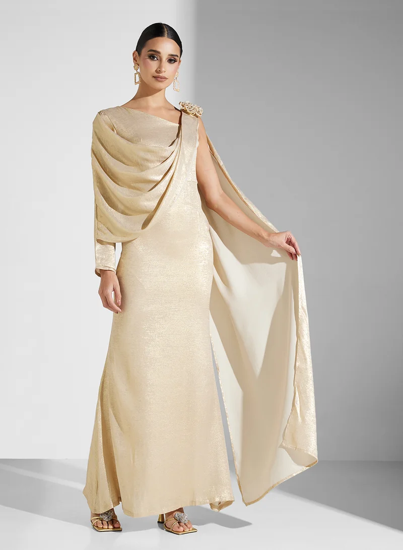 Golden Apple Draped Metallic Gown Dress