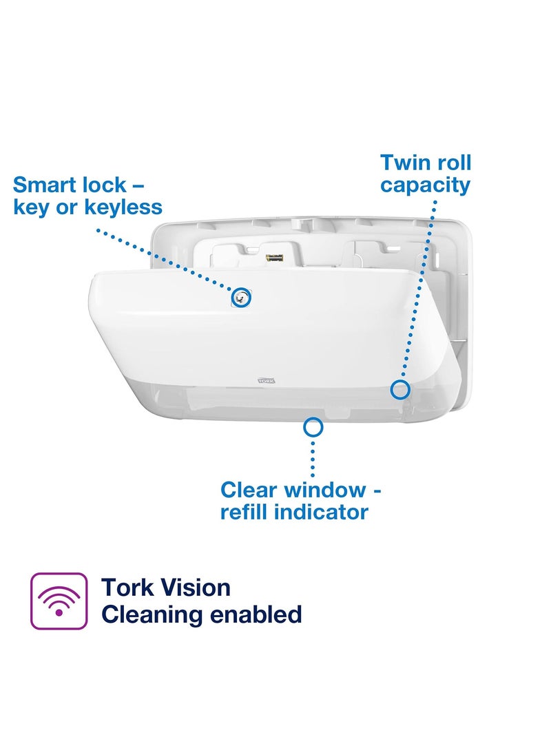 Tork Tork Twin Mini Jumbo Toilet Paper Roll Dispenser White T2 Protects Rolls Elevation Range 5555200  - Image 2