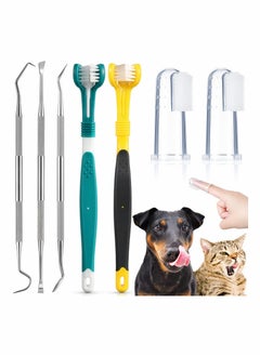Y&D 7 Pieces Dog Teeth Cleaning Kit Includes Dental Tooth Scaler and Scraper Stainless Steel Tarter Remover 3 Head Toothbrush Silicone Finger Plaque Tools  - Image 1