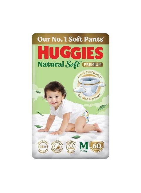 Natural Soft Premium Baby Diaper Pants, Our No.1 Soft Pants, Medium (M) Size (7-12 Kgs), Pack Of 60 Diapers | Cloud Softness All Over With India'S 1St Cloud Touch Belt