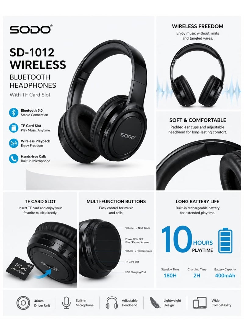 SODO SD-1012 Wireless Bluetooth Headphones with TF Card Slot & Built-in Mic - Black - Image 3