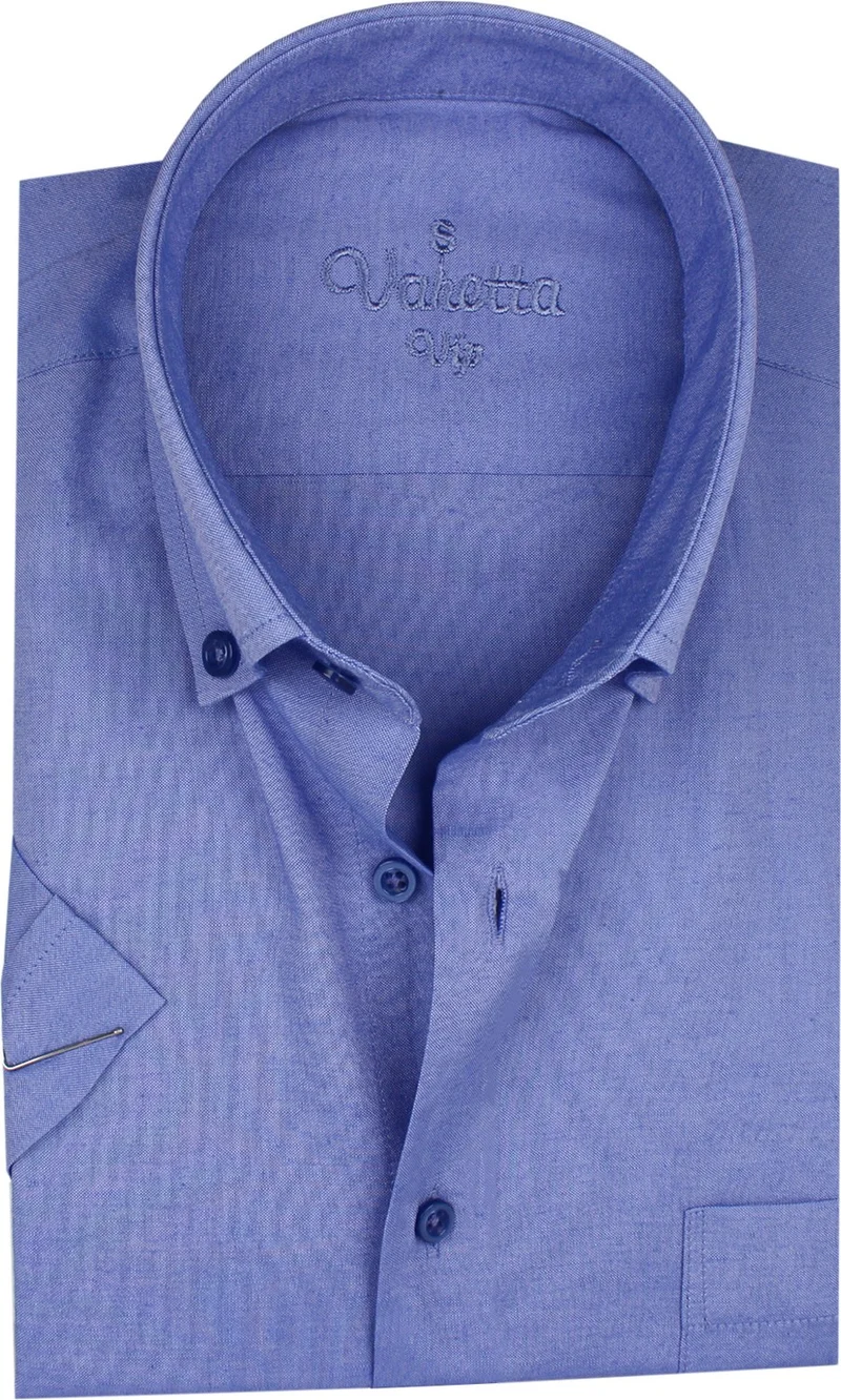فاريتا Men's Dark Blue Short Sleeved Classic Cut Collar Buttoned Cotton Satin Shirt