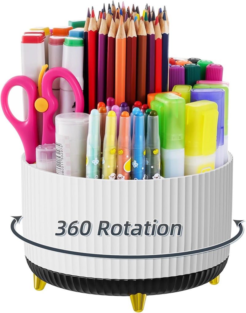 ماربراس منظم مكتب ماربراس، حامل أقلام دوار 360 درجة، منظمات مكتب وملحقات مع 5 حجرات لحامل الأقلام، صندوق تخزين مستلزمات الفنون للمكتب والمنزل (أبيض+أسود) - Image 1