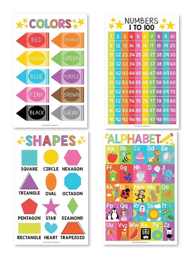 Educational Preschool Poster for Toddler and Kid 4 Pcs, Alphabet Numbers Colors Shapes, Classroom Learning Alphabet Poster, Nursery Homeschool Kindergarten, Laminated Educational Supplies 11x17inch - Image 1