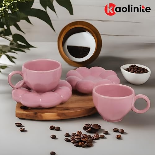 KAOLINITE Premium Ceramic Cup and Saucer Set | Handprinted Bubble Design | Microwave & Dishwasher Safe | Coffee Tea Set for 2 | 240ml - Image 2