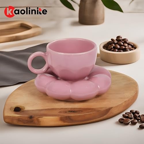 KAOLINITE Premium Ceramic Cup and Saucer Set | Handprinted Bubble Design | Microwave & Dishwasher Safe | Coffee Tea Set for 2 | 240ml - Image 3