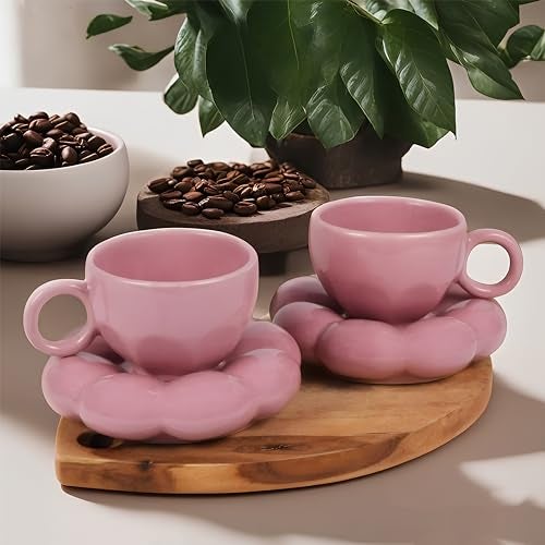 KAOLINITE Premium Ceramic Cup and Saucer Set | Handprinted Bubble Design | Microwave & Dishwasher Safe | Coffee Tea Set for 2 | 240ml - Image 1