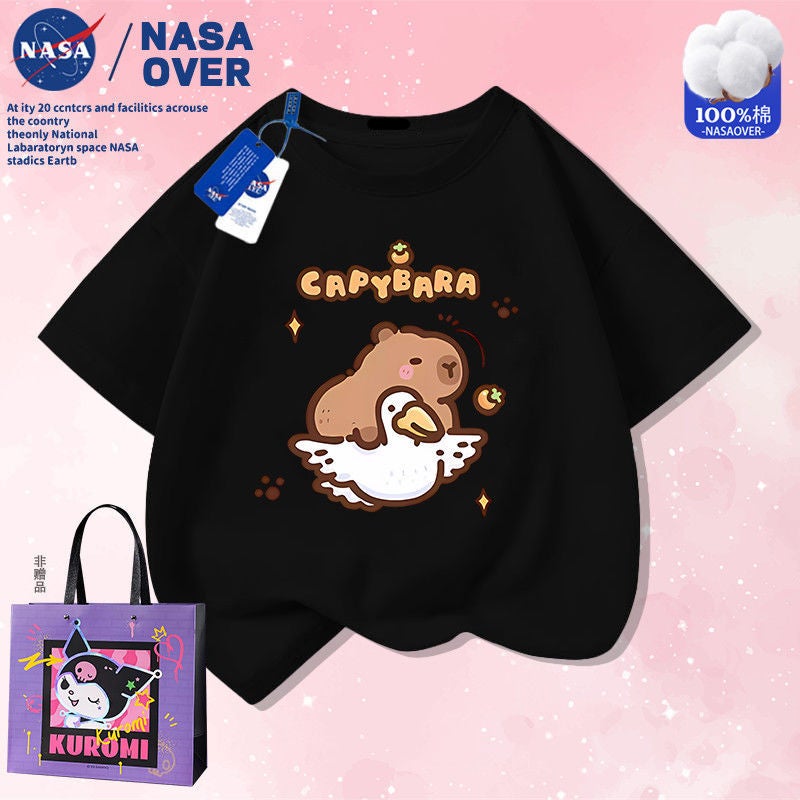 Nasa Co-Brand Capibala Capybara Cartoon Q Edition Pure Cotton Short-Sleeved T-Shirt New Summer Top For Middle And Large Children - Image 1
