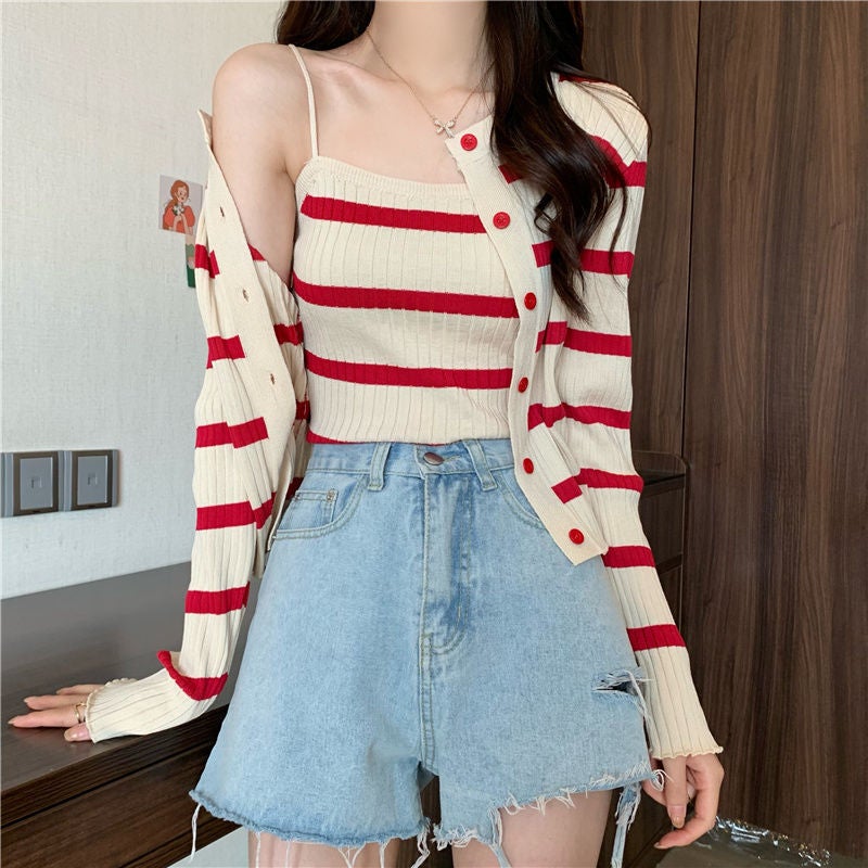 Autumn New Elegant Chic Knitted Cardigan Womens Jacket Design Niche Striped Camisole Two-piece Fashionable Set White/black jacket - Image 3