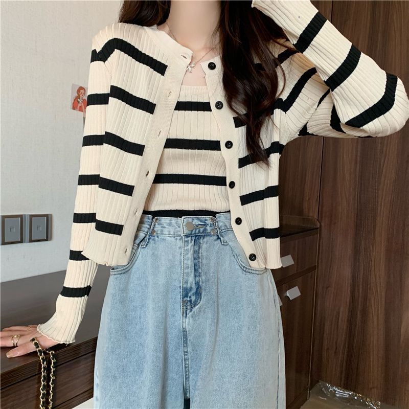 Autumn New Elegant Chic Knitted Cardigan Womens Jacket Design Niche Striped Camisole Two-piece Fashionable Set White/black jacket - Image 2