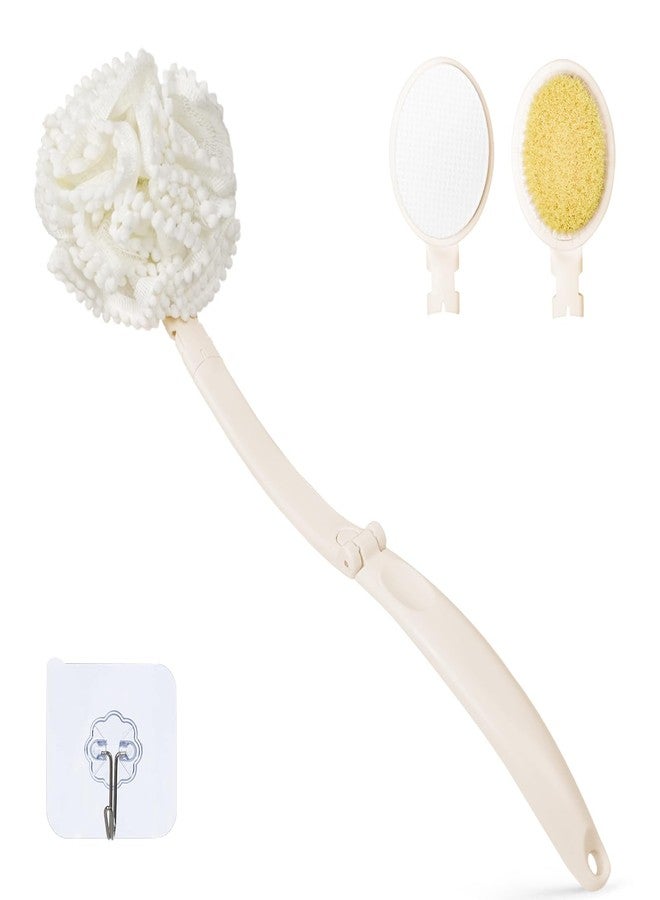 Topfinder Loofah Sponge with Handle,Back Scrubber Brush for Shower, Lotion Applicator for Back,3 in 1 Shower Kit (White loofah) - Image 1