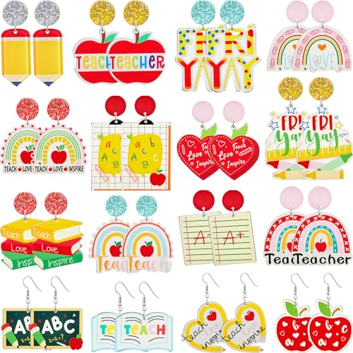 Loetere 16 Pairs Christmas Glitter Acrylic Teacher Earrings Bulk for Women Nurse Appreciation Gifts Fun Apple Book School Nurse Earrings Studs Dangle Set(Teacher) - Image 1