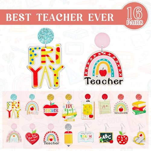 Loetere 16 Pairs Christmas Glitter Acrylic Teacher Earrings Bulk for Women Nurse Appreciation Gifts Fun Apple Book School Nurse Earrings Studs Dangle Set(Teacher) - Image 2
