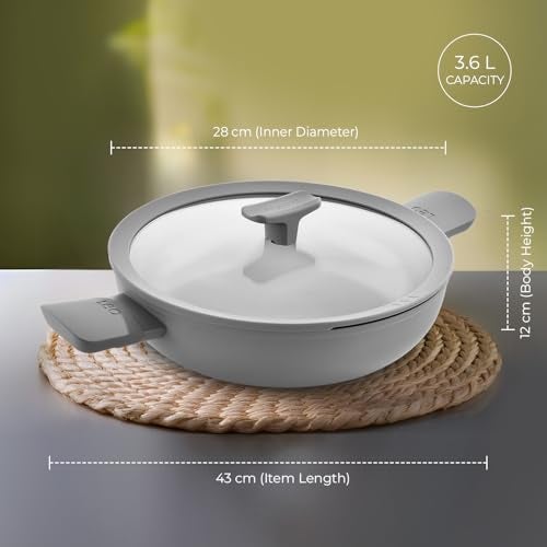 Berghoff 28 cm Recycled Aluminum Non-Stick Cooking Kadhai & Toughened Glass Lid | CeraGreen Ceramic Coating| PTFE, PFAS Free |Induction, Dishwasher Ready |Dark Grey |5 Yr Warranty - Image 3