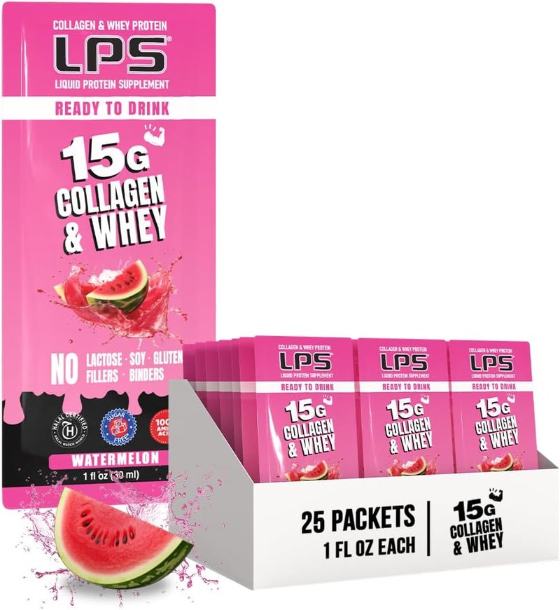 Nutritional Designs LPS Liquid Collagen  Whey Protein Supplement  NonGMO Drink SugarFree  Promotes Healthy Skin  Hair for Men  Women Watermelon Single Serve 50 Packets - Image 1