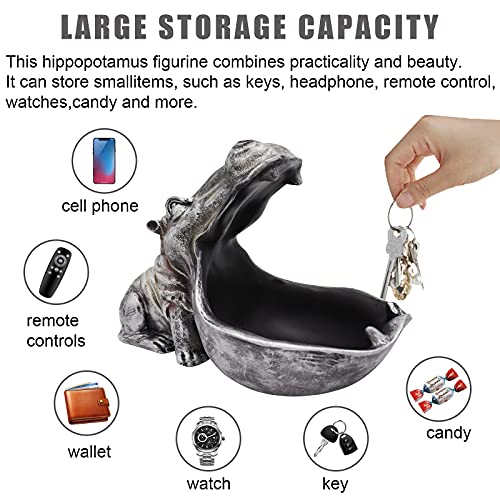 aboxoo Hippo Statue Home Resin Hippopotamus Figurine Fun Candy Dish,Key Bowl,Big Mouth Sculpture Table Art Decoration Sundries Container Storage Boxes (Grey) - Image 3