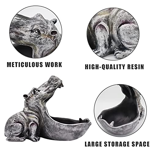 aboxoo Hippo Statue Home Resin Hippopotamus Figurine Fun Candy Dish,Key Bowl,Big Mouth Sculpture Table Art Decoration Sundries Container Storage Boxes (Grey) - Image 2
