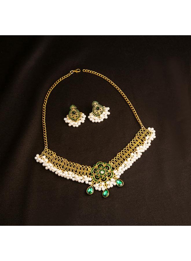 NIBEMINENT European And American Retro Moonstone Necklace Pearl Earrings Metallic Bohemian Style Jewelry Set 