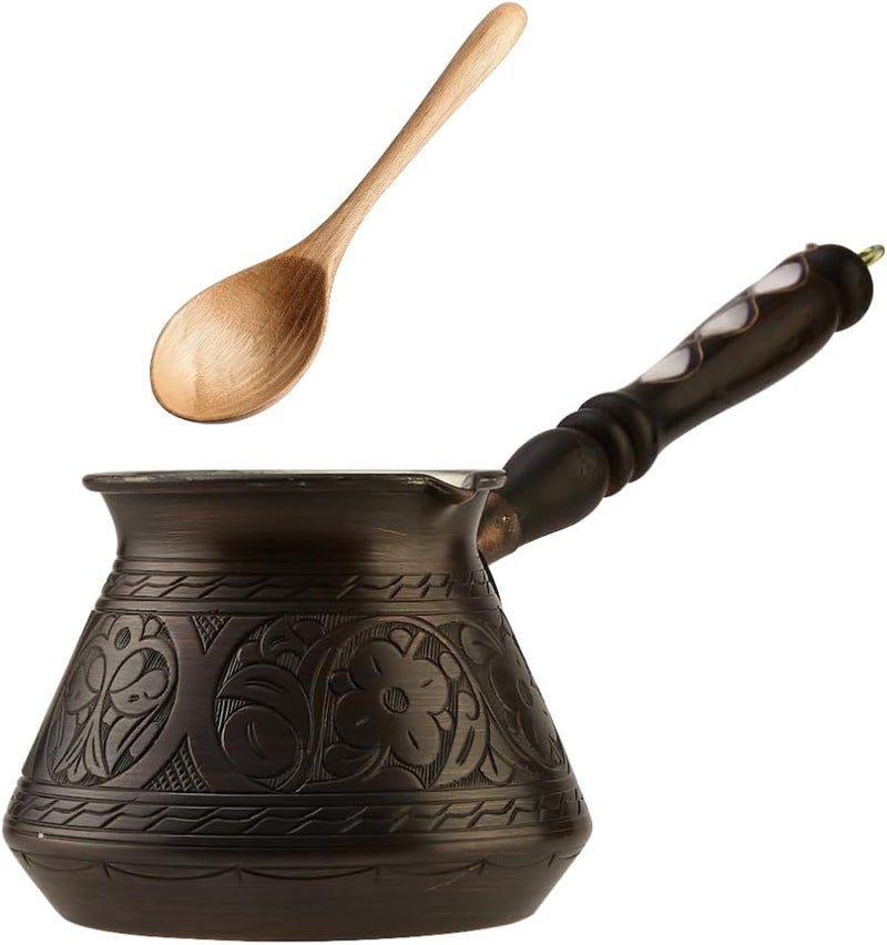 DEMMEX 2mm Thickest Copper Turkish Greek Arabic Coffee Pot Engraved Stovetop Coffee Maker Cezve Ibrik Briki with Wooden Handle & Spoon, for 3 People (Antique Copper) - Image 1