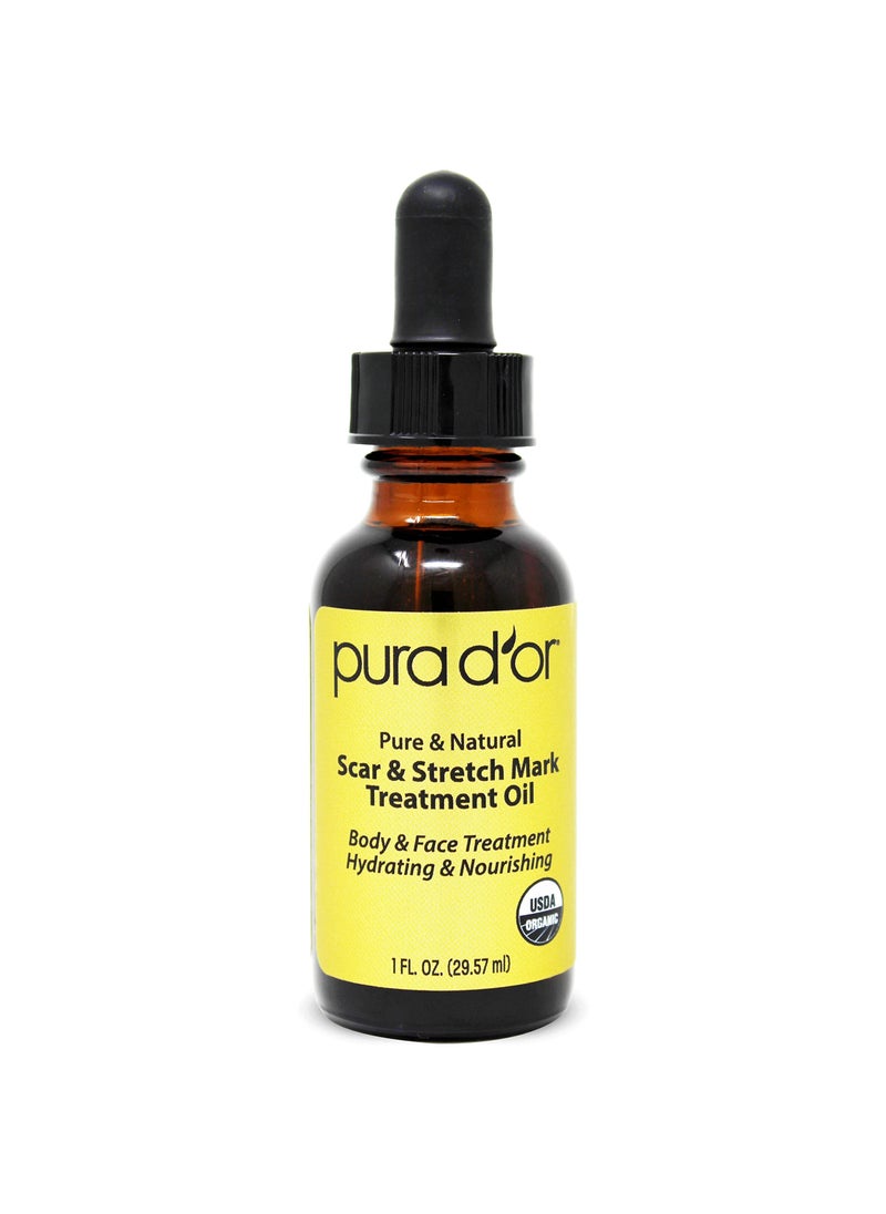 Pura d'or - PURA D'OR Organic Scar & Stretch Mark Treatment Oil (1oz) For Skin - With Rosehip, Wheat Germ, Argan, Tamanu, Carrot, Rosemary, Lavender, Geranium, Patchouli, Sage - Image 1