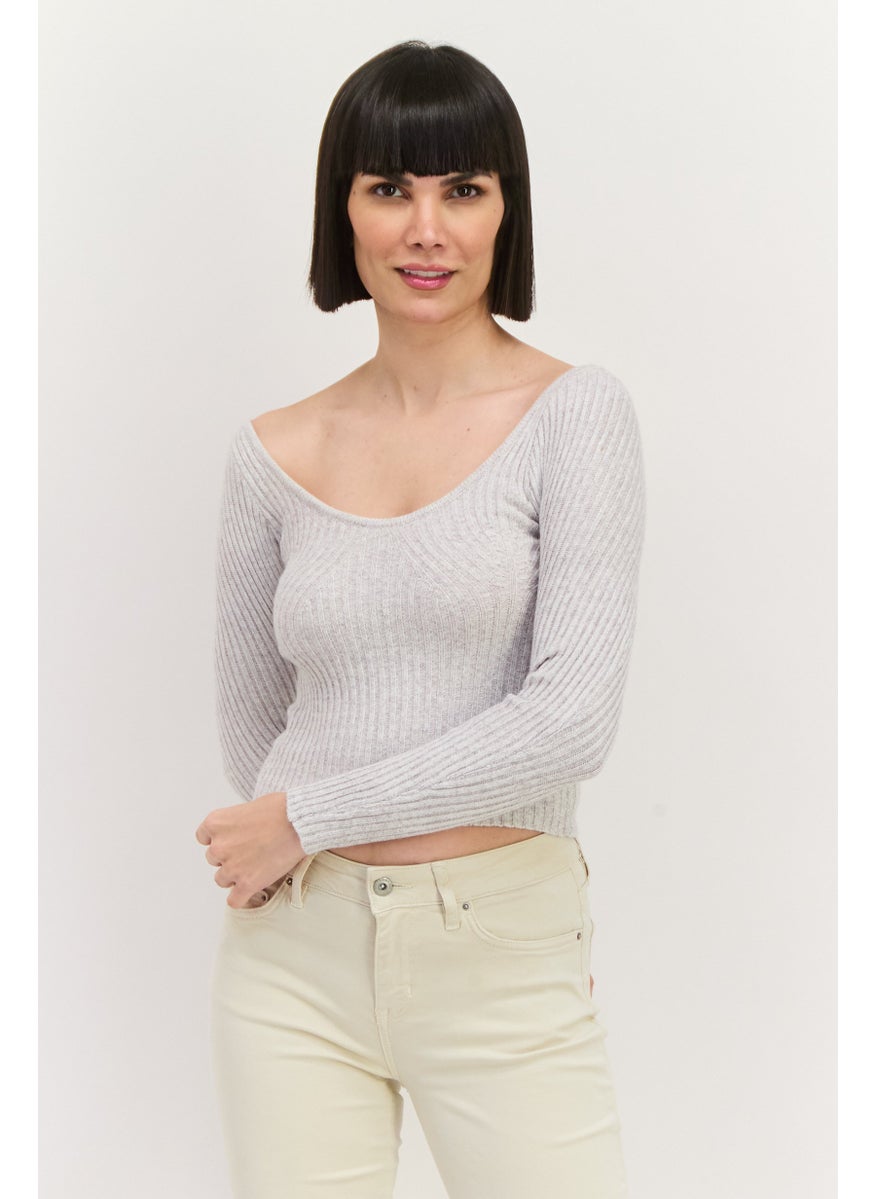 Sage The Label - Women Scoop Neck Knitted Long Sleeves Sweater, Grey - Image 1