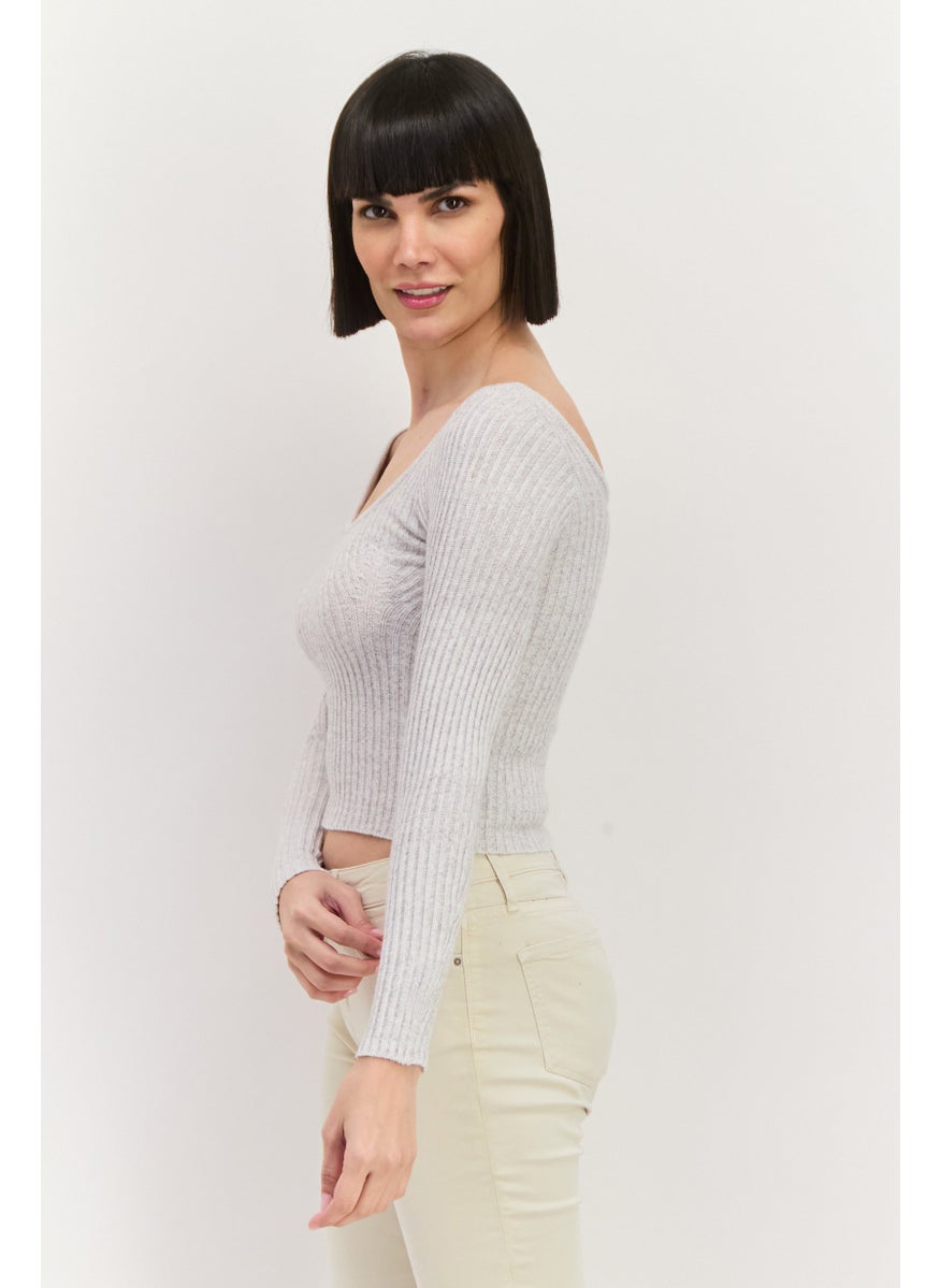 Sage The Label - Women Scoop Neck Knitted Long Sleeves Sweater, Grey - Image 1