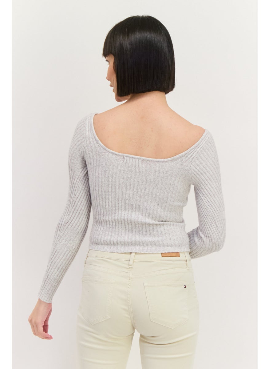 Sage The Label - Women Scoop Neck Knitted Long Sleeves Sweater, Grey - Image 1