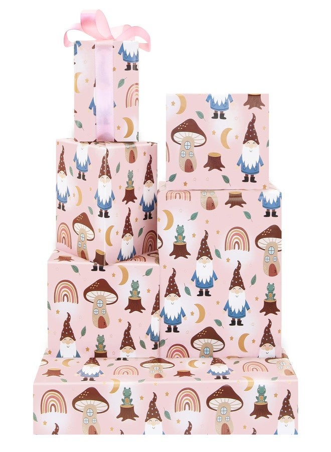Boerni Mushroom Wrapping Paper Cute Gnome Frog Rainbow Mushroom House Pink Gift Wrap Paper, Forset Fairytale Art Paper Folded Flat with Pink Ribbow for Kids Birthday Baby Shower Party Gift Packing Decor - Image 1