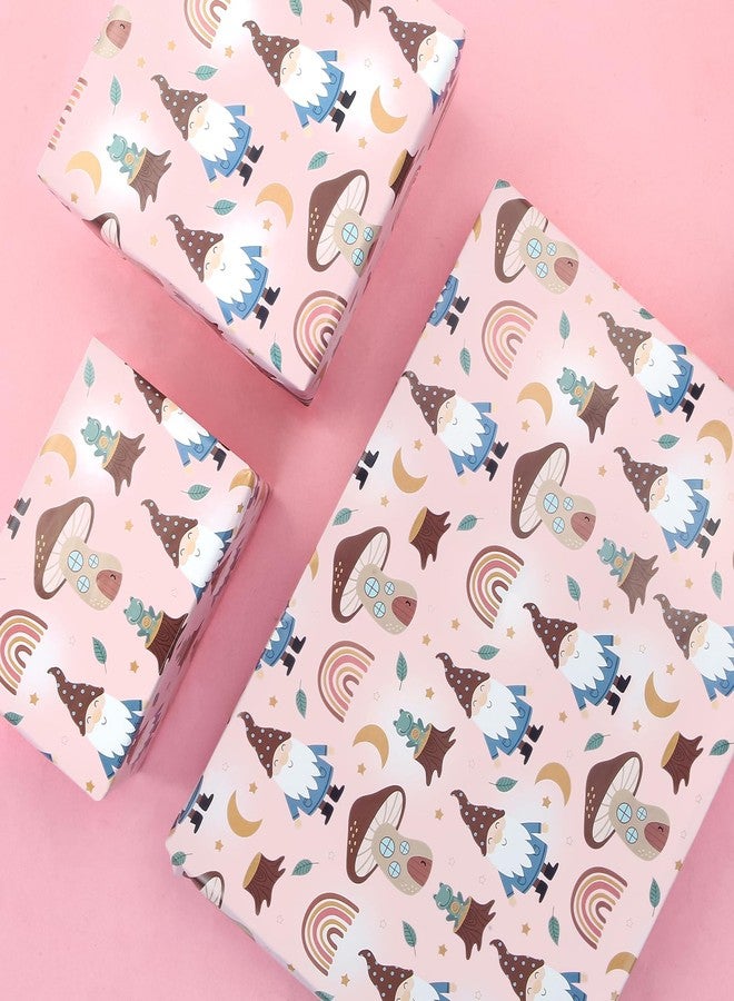 Boerni Mushroom Wrapping Paper Cute Gnome Frog Rainbow Mushroom House Pink Gift Wrap Paper, Forset Fairytale Art Paper Folded Flat with Pink Ribbow for Kids Birthday Baby Shower Party Gift Packing Decor - Image 4