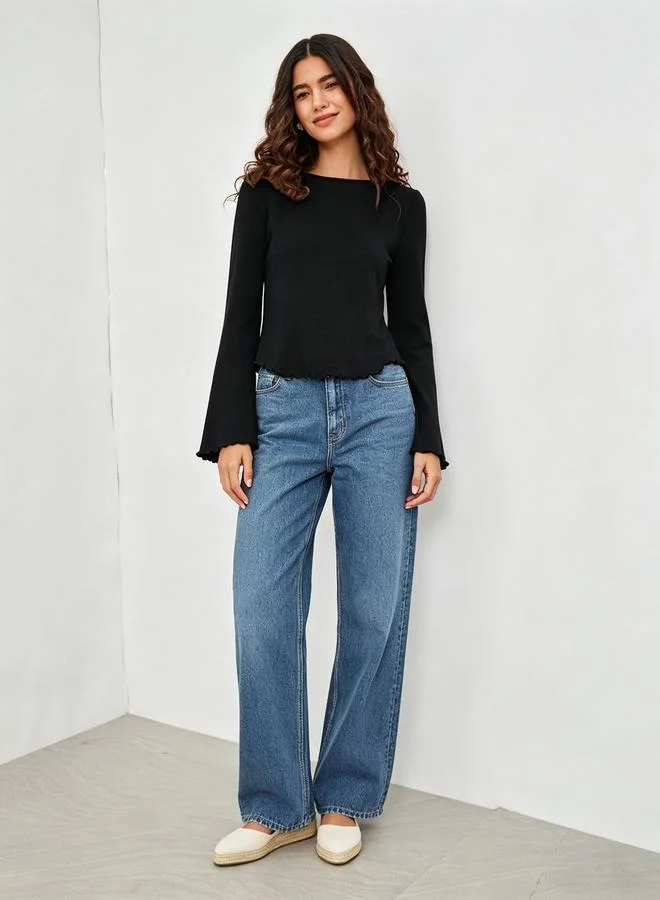 تايك تو Black Flare Sleeve Top with Lettuce Trim