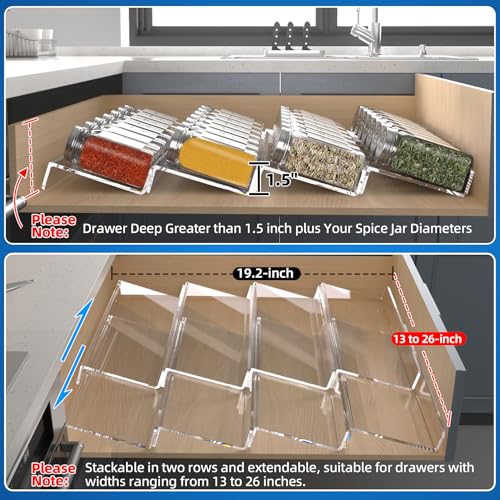 Delavala Spice Drawer Organizer, 4 Tiers 2 Set Clear Acrylic Slanted in Drawer Seasoning Jars Insert, Expandable From 13" to 26", Hold up 56 Spice Jars Kitchen Countertop Rack Tray - Image 3