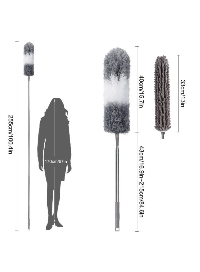 Stainless steel telescopic pole duster with flexible mop head, microfiber cleaning brush, flexible corner brush, easily removes dust and cobwebs, with an extra length ranging from 78 cm to 2.45 m - Multicolor - Image 2