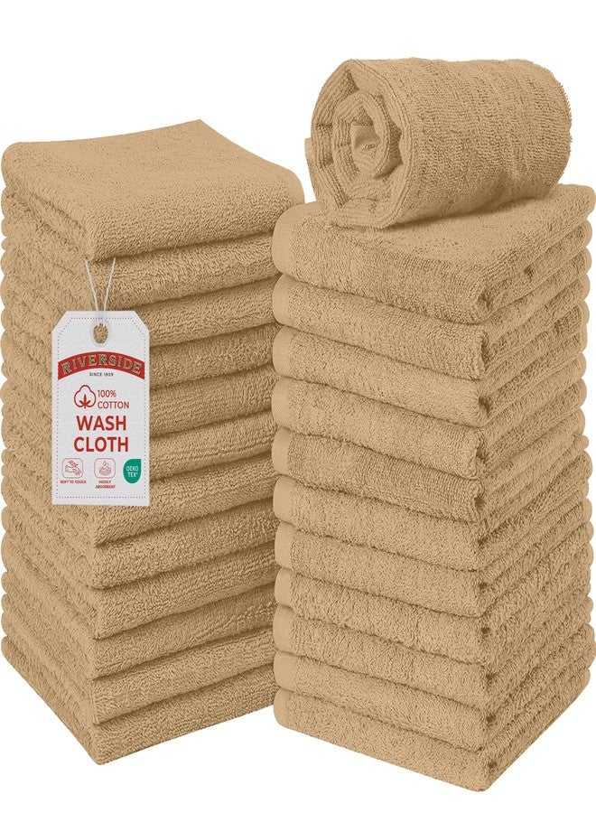 RIVERSIDE Pack of 24 Wash Cloths for Showering, 12 x 12 Inches, Super Soft & Absorbent, 100% Cotton Washcloths Premium Quality Flannel Face Cloths for Bathroom, Gym, Spa (Tan, 24 Pack) - Image 1